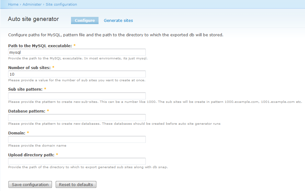 Auto site Generator Configuration | Drupal Developer